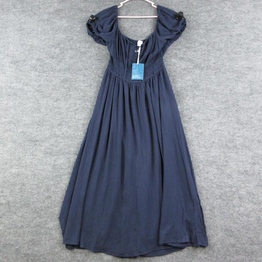 Market & Spruce Dress Womens L Navy Blue Off The Shoulder Smocked Maxi Rayon NWT